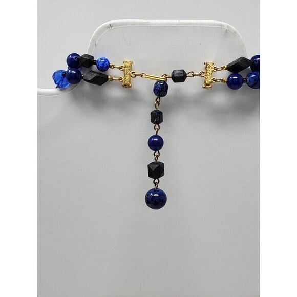 VINTAGE HATTIE CARNEGIE BLUE & BLACK MULTIPLE BEAD TWO STRAND NECKLACE SIGNED - Picture 5 of 12